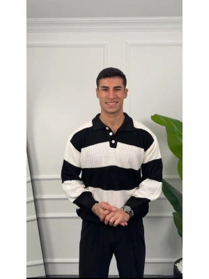 Çizgili Siyah Polo Yaka Triko Kazak