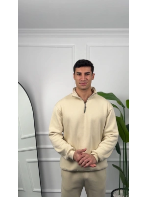 Erkek BeJ Fermuar Yaka Sweatshirt