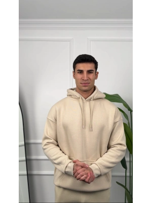 Erkek Bej Kapüşonlu Hoodie Sweatshirt