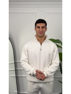 Erkek Beyaz Fermuar Yaka Sweatshirt