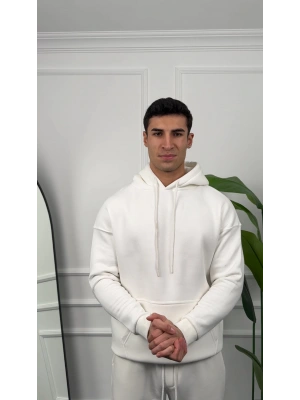 Erkek Beyaz Kapüşonlu Hoodie Sweatshirt
