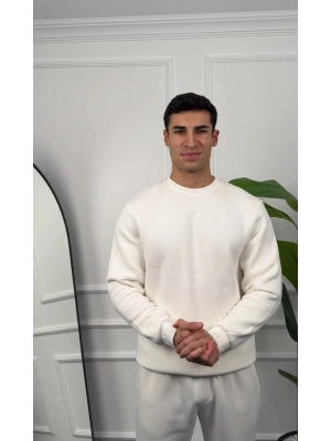 Erkek Beyaz Oversize Kollar Dar Kesim Basic Sweatshirt