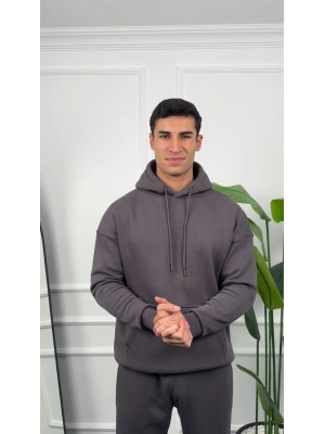 Erkek Füme Kapüşonlu Hoodie Sweatshirt