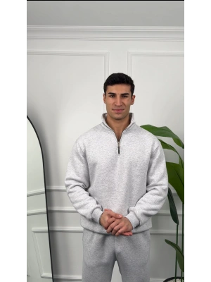 Erkek Gri Fermuar Yaka Sweatshirt