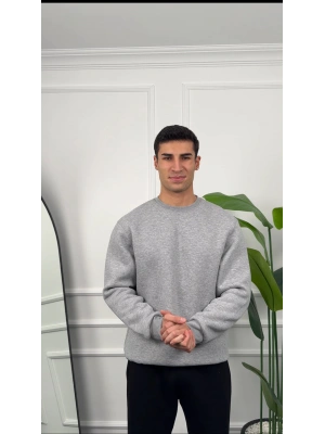 Erkek Gri Melanj Oversize Kollar Dar Kesim Basic Sweatshirt