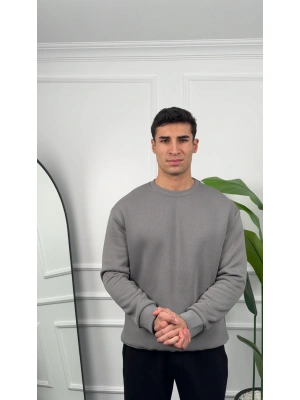 Erkek Gri Oversize Kollar Dar Kesim Basic Sweatshirt