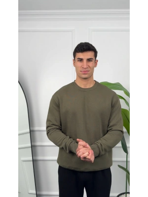 Erkek Haki Oversize Kollar Dar Kesim Basic Sweatshirt