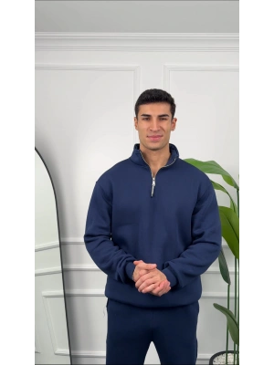 Erkek İndigo Fermuar Yaka Sweatshirt