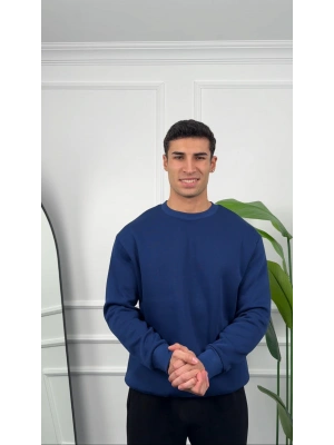 Erkek İndigo Oversize Kollar Dar Kesim Basic Sweatshirt