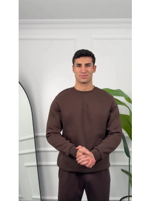 Erkek Kahverengi Oversize Kollar Dar Kesim Basic Sweatshirt