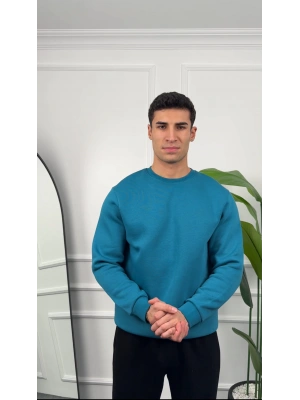 Erkek Petrol Oversize Kollar Dar Kesim Basic Sweatshirt