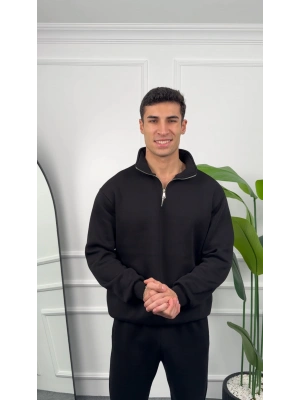 Erkek Siyah Fermuar Yaka Sweatshirt