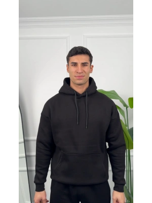 Erkek Siyah Kapüşonlu Hoodie Sweatshirt