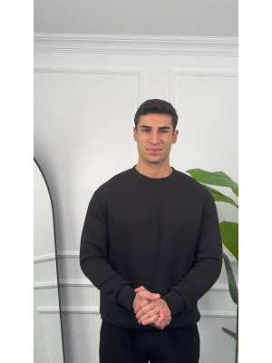 Erkek Siyah Oversize Kollar Dar Kesim Basic Sweatshirt