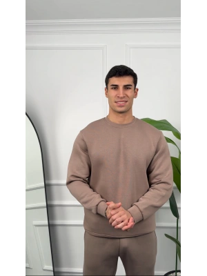 Erkek Vizon Oversize Kollar Dar Kesim Basic Sweatshirt