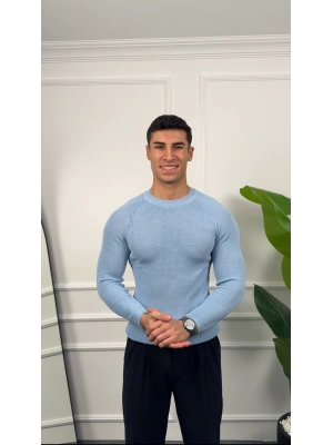 Omuz Detay Bebe Mavisi Slim Fit Kazak