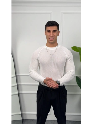 Omuz Detay Beyaz Slim Fit Kazak