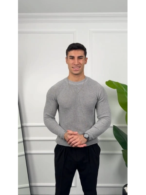 Omuz Detay Gri Slim Fit Kazak