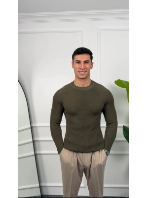 Omuz Detay Haki Slim Fit Kazak