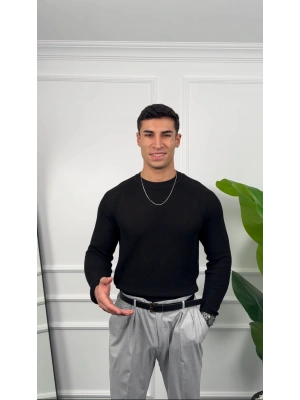 Omuz Detay Siyah Slim Fit Kazak