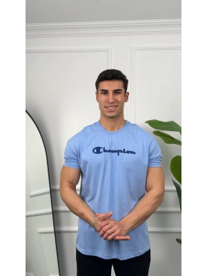 Oversize Bebe Mavisi Champion Baskılı Kollar Dar Kesim T-Shirt