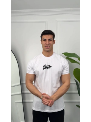 Oversize Beyaz Stwd Baskılı Kollar Dar Kesim T-Shirt