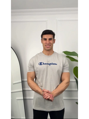 Oversize Gri Champion Baskılı Kollar Dar Kesim T-Shirt