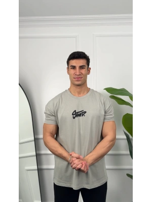 Oversize Gri Stwd Baskılı Kollar Dar Kesim T-Shirt