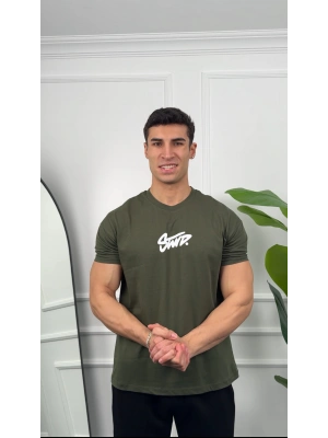 Oversize Haki Stwd Baskılı Kollar Dar Kesim T-Shirt