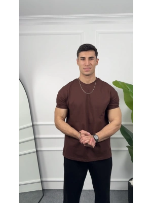 Oversize Kahverengi Kollar Dar Kesim T-Shirt