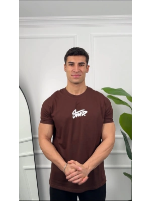 Oversize Kahverengi Stwd Baskılı Kollar Dar Kesim T-Shirt