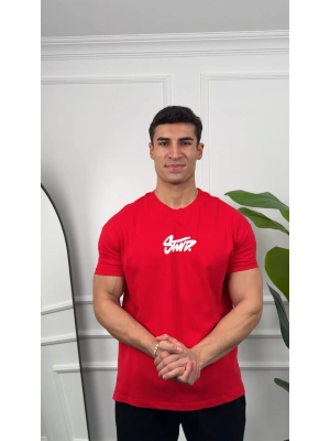 Oversize Kırmızı Stwd Baskılı Kollar Dar Kesim T-Shirt