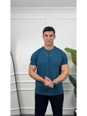 Oversize Petrol Kollar Dar Kesim T-Shirt