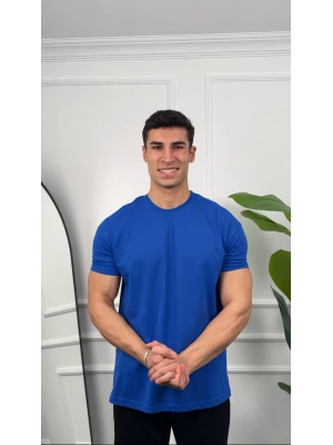 Oversize Saks Mavisi Kollar Dar Kesim T-Shirt