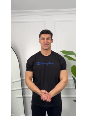 Oversize Siyah Champion Baskılı Kollar Dar Kesim T-Shirt