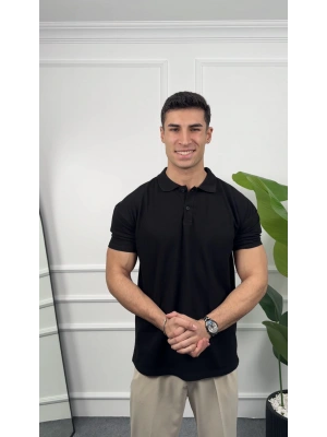 Oversize Siyah Polo Yaka Kollar Dar Kesim T-Shirt