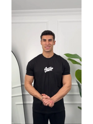 Oversize Siyah Stwd Baskılı Kollar Dar Kesim T-Shirt