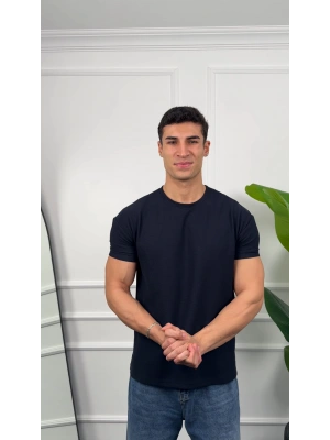 Oversize Waffle Kumaş Lacivert Kollar Dar Kesim T-Shirt