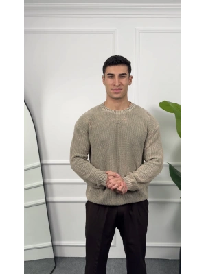 Oversize Yıkamalı Bej Kazak