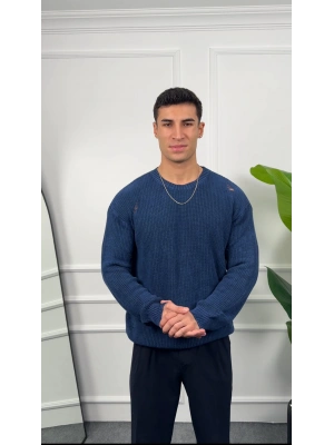 Oversize Yıkamalı İndigo Kazak