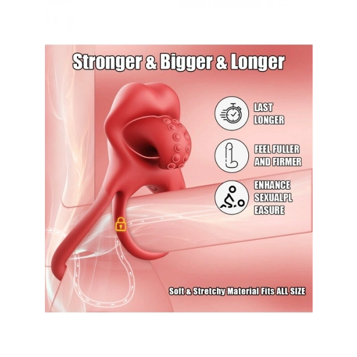 VipMarketim Kırmızı Dudak Dil Şeklinde Şarjlı Titreşimli Penis Halkası