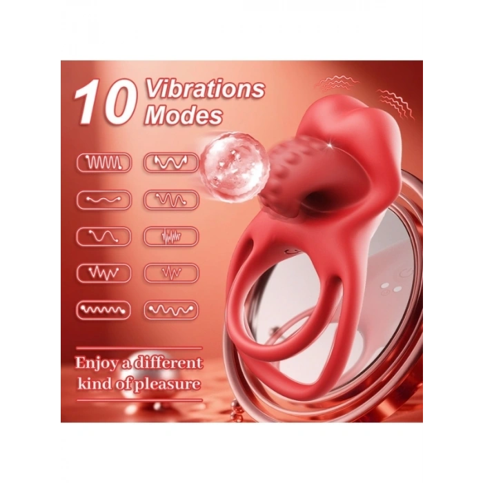 VipMarketim Kırmızı Dudak Dil Şeklinde Şarjlı Titreşimli Penis Halkası