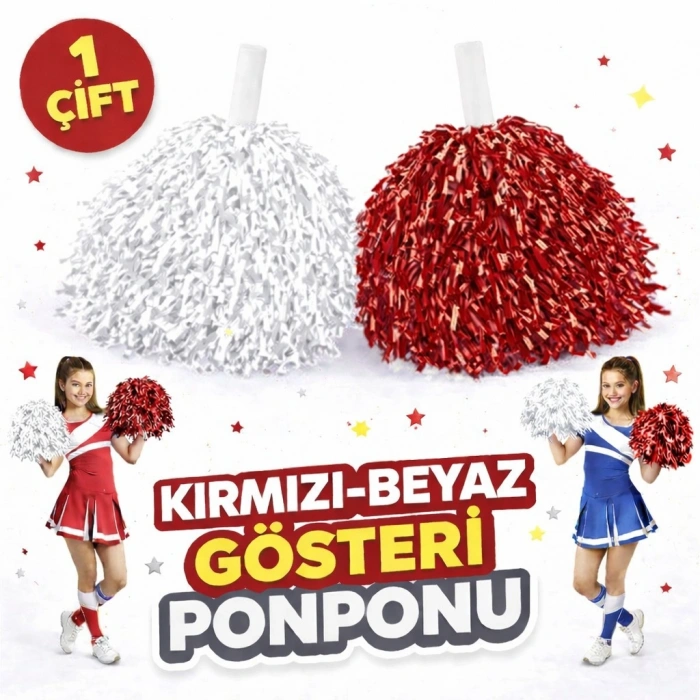 VipMarketim 1 Çift Kırmızı - Beyaz Okul Gösteri Ponponları - Ekstra Dolgun