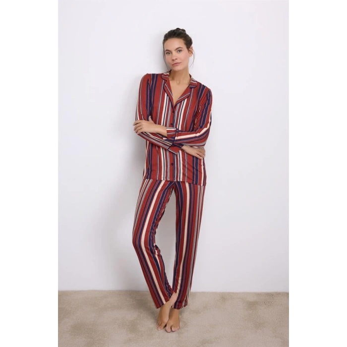 VipMarketim %100 Modal Uzun Kollu Düğmeli Çizgili Pijama Takımı