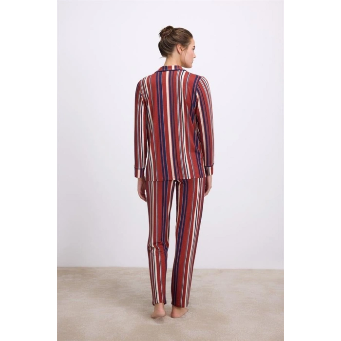 VipMarketim %100 Modal Uzun Kollu Düğmeli Çizgili Pijama Takımı