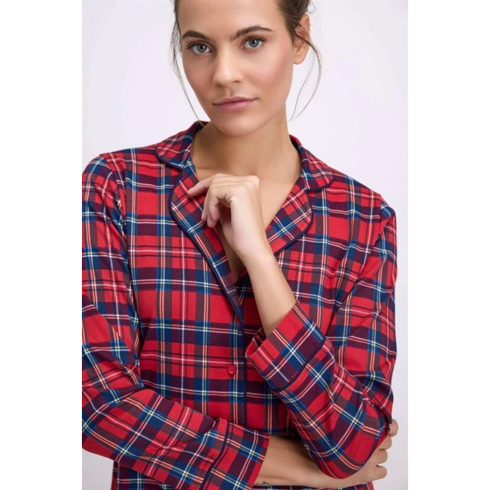 VipMarketim %100 Pamuklu Uzun Kol Düğmeli Gömlek Ve Ekose Pantolon Pijama Takımı