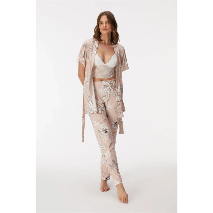 VipMarketim 11398 Kadın Sabahlık, Bralet Ve Pantolon Takım