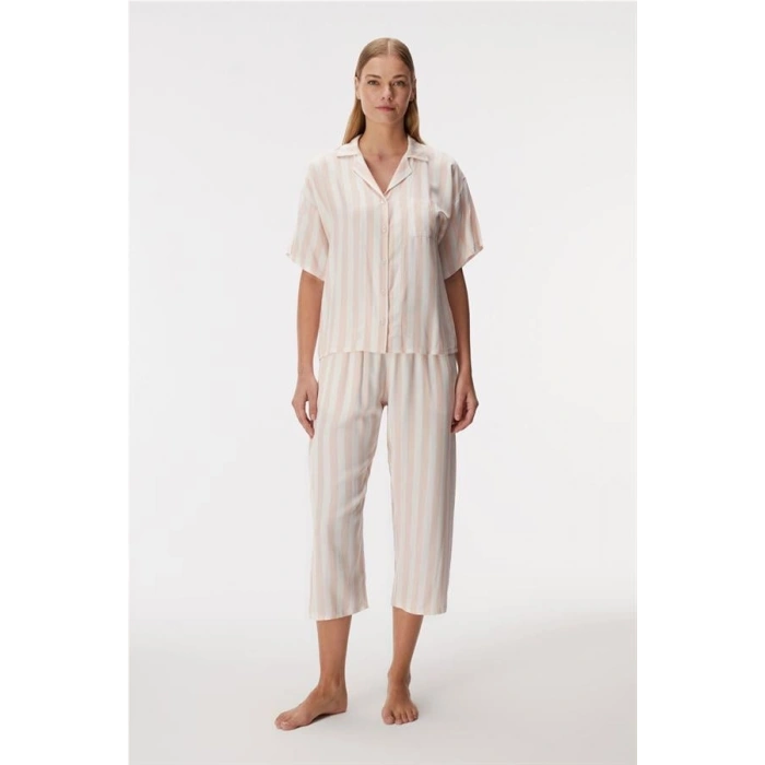 VipMarketim 11406 Kadın Kısa Kol Gömlek Ve Kapri Pantolon Takım