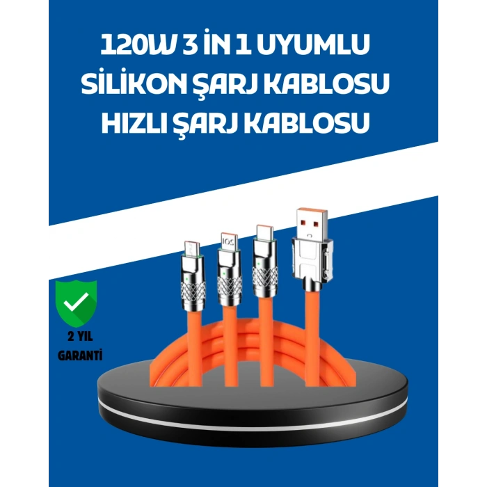 VipMarketim 120W Şarj Destekli 3’ü 1 Arada Çoklu Şarj Kablosu – 1.2 Metre