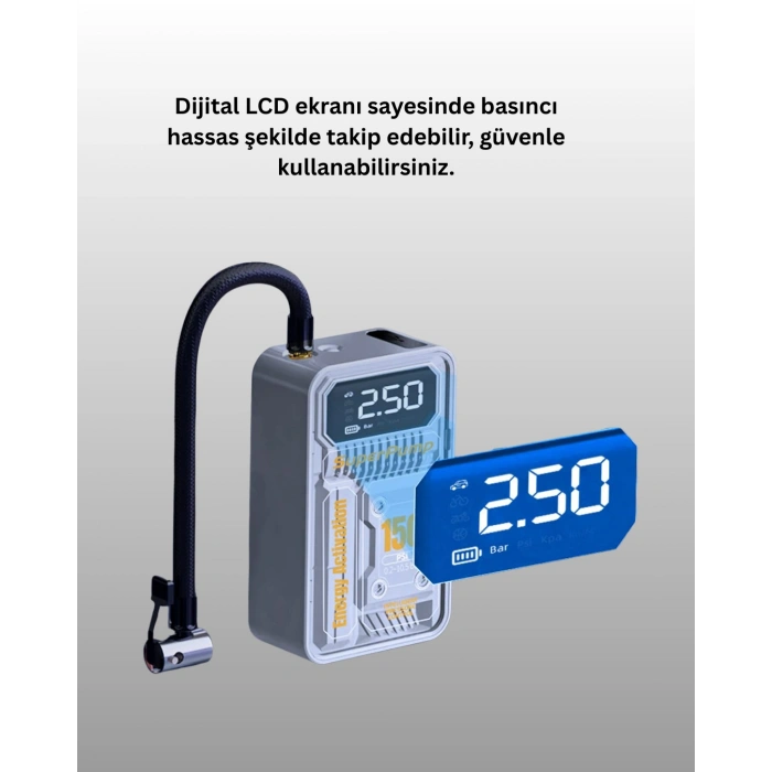 VipMarketim 150 PSI Kablosuz Dijital Ekranlı Taşınabilir Araç Lastik Pompası